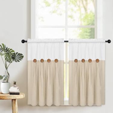 Imagem de Cortinas de cozinha Boho 91 cm de comprimento, cortinas de linho de algodão de fazenda, cortinas curtas de botão rústico para janelas, cortinas de café country, cortinas de janela pequenas com bolso