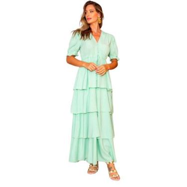 Imagem de Vestido feminino longo manga curta liso com babados na saia romantica 