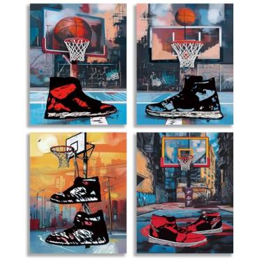 Imagem de TOCDGOO Arte de parede em tela de basquete de rua, impressões abstratas de 4 peças de tênis e aros de grafite, tema esportivo moderno inspirador, decoração de casa, 20 x 25 cm sem moldura