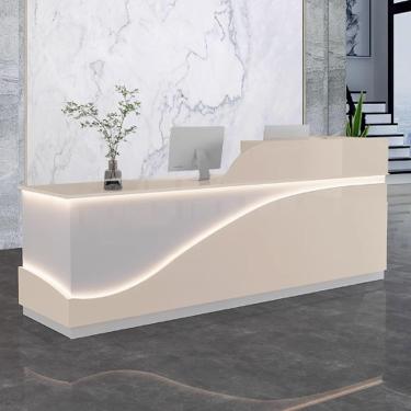 Imagem de Moderno de recepção para escritório, mesa de recepção, recepção da recepção da recepção, balcão de madeira engenharia de madeira com tiras leves para salões de beleza, bege+branco, 120cm