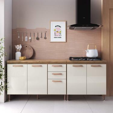 Imagem de Kit 2 Balcões Modulados Gabinete Pia 120cm e Cooktop 80cm Com Tampo Berlim Fidelitá Noce/Off-White