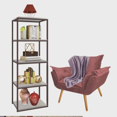 Imagem de Kit Poltrona Fatte com Manta Soft Lilás e Estante Livreiro Ferro Marrom mdf Marmorizado Cinza Suede Rose Gold - Ahazzo Móveis