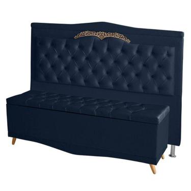 Imagem de Kit De Cabeceira De Cama E Calçadeira Baú Barcelona Casal 140 Cm Retro Capitonê Suede Azul Marinho Do Lar Móveis