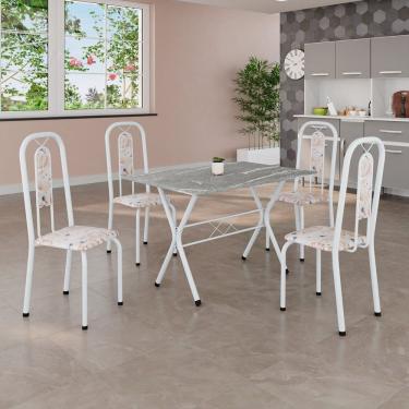 Imagem de Conjunto de Mesa Tubular 100x60cm Tampo em Granito com 4 Cadeiras Lívia Botanic Bege / Branco