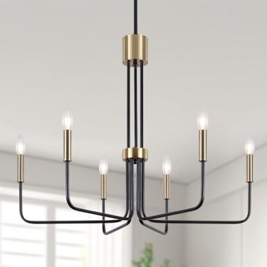 Imagem de JLBTQ Lustre Moderno De 6 Luzes Preto E Dourado Para Sala De Jantar, Luminárias De Estilo Rústico Sobre A Mesa, Sala De Estar, Quarto, Cozinha, Ilha, Hall De Entrada, Luminárias E12