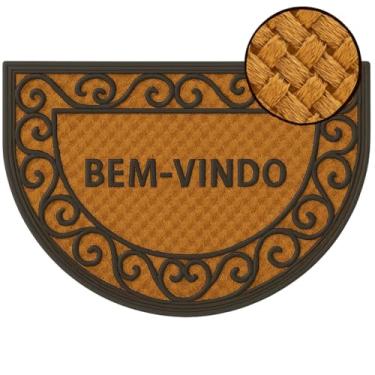 Imagem de Tapete de Entrada Bem Vindo Fibra Natural Trançado Antiderrapante Capacho Emborrachado Decoração Estampado Resistente Porta Casa Apartamento Meia Lua Absorção Externo