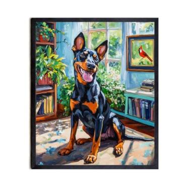 Imagem de Bestbuddy Pet 28 x 35,5 cm sem moldura Doberman Pinscher casa de cachorro animal de estimação pintura a óleo pôster impressão de arte decoração de parede crianças inauguração de casa crianças sala de