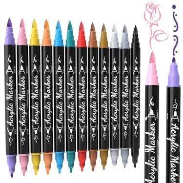 Imagem de TOSHARE Marcadores de tinta acrílica de 12 cores, canetas de tinta acrílica de ponta dupla à prova d'água com pincel e ponta fina, conjunto de marcadores para papel, pedra, madeira, tela, vidro,