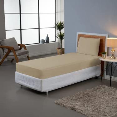 Imagem de Jogo de Lençol 2 Pçs Solteiro Ponto Palito Simples Percal 180 Fios com Elástico (Cáqui)