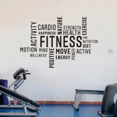 Imagem de Adesivo de parede fitness Word Cloud, decoração motivacional de academia, adesivo de arte de parede de vinil de saúde e bem-estar, dois tamanhos, preto (C 70 x 100 cm)
