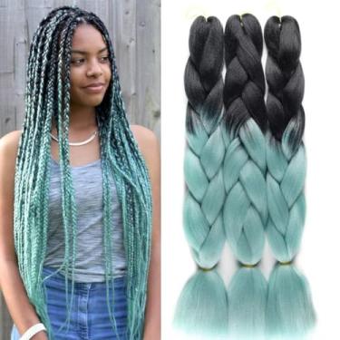 Imagem de FEEL ME Jumbo Braiding Hair 24 Polegadas 1B/Verde Claro, 3 Pacotes De Extensões Pré-Esticadas Menta Para Mulheres, Tranças Crochê Com Torção Ombré Alta Temperatura (3 Peças, Polegadas)