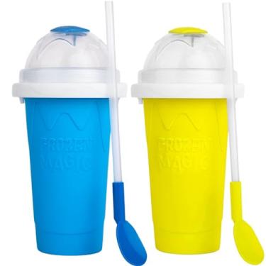Imagem de FASIBULEI Máquina De Fazer Smoothies Congelados Magic Quick - Raspadinha Grande, Copo Apertar Faça Você Mesmo (Azul + Amarelo)