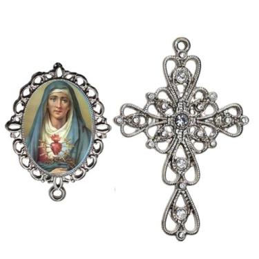 Imagem de Crucifixo Arabesco Terço de Noiva Relicario Nossa senhora das Dores Pe