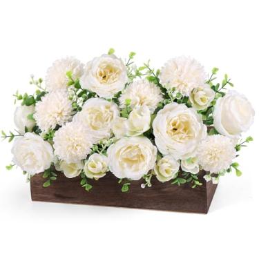 Imagem de Mesa de centro de mesa de peônia, arranjos florais artificiais rústicos, caixa de madeira, vaso retangular de madeira com eucalipto para bandeja em camadas, prateleira, mesa, casamento, casa, noivado