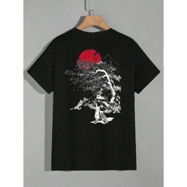 Imagem de Camiseta Masculina Algodão Arvore Sol Samurai Japão Streetwear - DM Cl