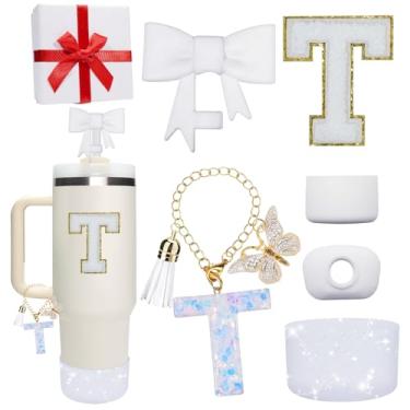 Imagem de Miglaja Acessórios brancos para Stanley Cup 850.5 g 1,134.0 g, todos os acessórios caixa de presente contêm topo de palha de flor, bota de silicone, adesivos de letras e pingentes, conjunto de tampa