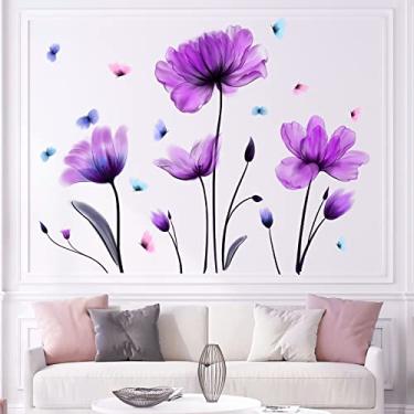 Imagem de Adesivo de parede floral roxo decalque de parede removível borboleta adesivo de parede autoadesivo mural de parede para quarto de bebê, quarto de crianças