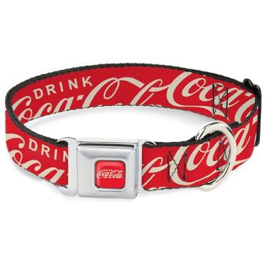 Imagem de Coleira para animais de estimação The Coca-Cola Company, coleira de cachorro, fivela de cinto de segurança de metal, logotipo tipográfico Drink Coca Cola espalhado em vermelho e branco, 24 a 33 cm de