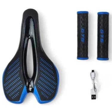 Imagem de Selim Vazado Bike Mtb Gts C/ Led Sinalizador Banco + Manopla, Azul