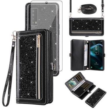Imagem de Asuwish Capa de celular para TCL Stylus 5G 2022 com zíper carteira destacável com protetor de tela de vidro temperado alça com glitter flip porta-cartões TLC Stylo G5 6.81 T779W mulheres homens