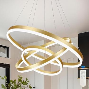 Imagem de Mccokaige 31,5" 3 Anel Moderno Led Pendente Luz Ouro Moderno Led Lustre Contemporâneo Anel Lustres Reguláveis Temperatura De Cor Altura Ajustável Lustre Pendurado Para Sala De Estar