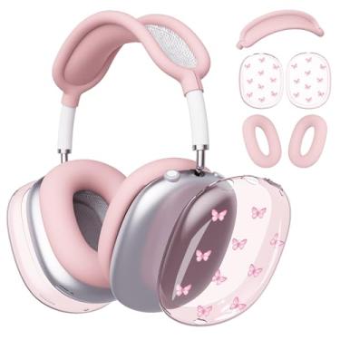 Imagem de BlHMCASE Capa de fone de ouvido para AirPods Max, capa de fone de ouvido transparente borboleta rosa fofa, capa de silicone rosa para Apple AirPods Max