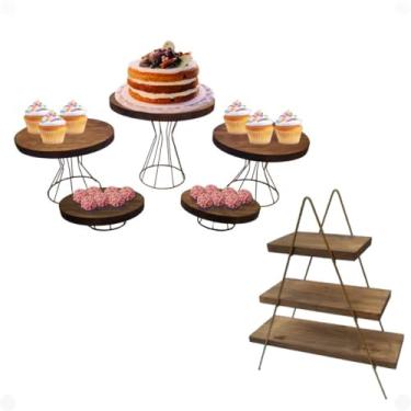 Imagem de Kit Boleira e Escadinha para Doces, 6 Peças, Madeira Rústica com Suporte Dourado, Desmontável (Tampo Rústico)