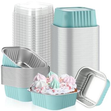 Imagem de Skylety 100 peças, mini assadeira quadrada de 142 g com tampa, forma de cupcake de alumínio, copo de brownie, descartável, ramequins individuais, recipientes de sobremesa para cozinha (azul claro)