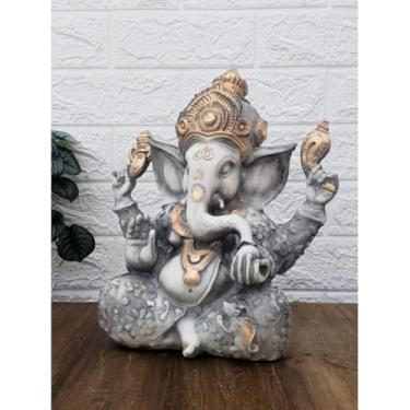 Imagem de Estátua Grande Decorativa da Deusa Ganesha Símbolo de Sorte e Fortuna com Mandala Dourada(Cinza com detalhe ouro)
