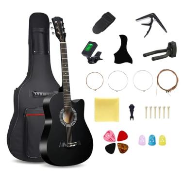 Imagem de Guitarra acústica de madeira de 96 cm, 6 cordas de violão acústico de latão, botões de tira, instrumento musical com bolsa de guitarra e kit de iniciante para iniciantes/adultos (preto)