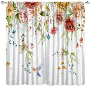 Imagem de Cortinas de cozinha florais em aquarela, flores silvestres coloridas, folhas rústicas, plantas, primavera, botânica, quinta, janela, tratamentos de varão, bolso para varão, cortinas para meninas, sala