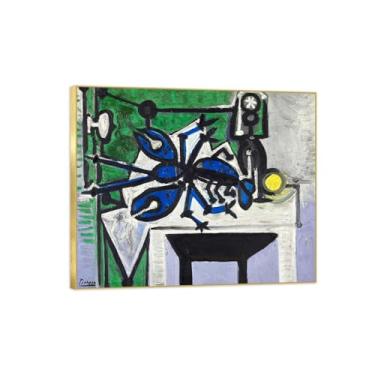 Imagem de LXURY Picsaso Pintura famosa em tela - Impressão em tela - Reproduções de imagens em tela - Marisco e garrafa - Pôster de arte para decoração de parede moldura dourada 60 x 72 cm 24 x 28 polegadas