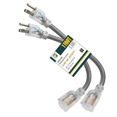 Imagem de EP Cabo de extensão iluminado de 3 m - Cabo de extensão cinza resistente SJTW 12/3 com plugue aterrado de 3 pinos - Cabo de alimentação para gramado, jardim, eletrodomésticos, pacote com 2