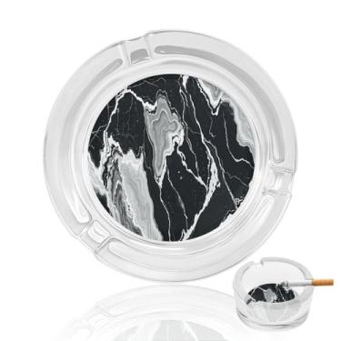 Imagem de Cinzeiro de vidro de cristal com textura de mármore preto e branco, cinzeiro redondo de vidro resistente, cinzeiro portátil decorativo moderno para uso em casa, escritório, interior, exterior, pátio
