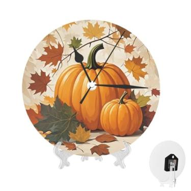 Imagem de GlbnSHeric Relógio de parede silencioso, sem tique-taque, relógio de 25 cm, outono, abóbora, folhas de bordo, relógio analógico para banheiro, decorativo, redondo, moderno, decoração de parede