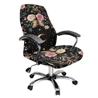 Imagem de Talayituse Capas de cadeira de escritório com estampa de flor de borboleta, lua rosa, capa elástica para cadeira de computador, capas universais para cadeira de chefe moderno, estilo simples, capa
