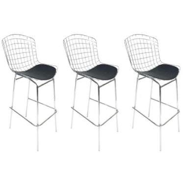 Imagem de Kit 3 Banquetas Bertoia Cromada assento preto tubular altura 70cm - Po