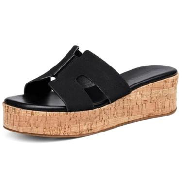 Imagem de Coutgo Sandálias femininas plataforma plataforma, bico aberto, deslizantes, salto cortiça, recortado, confortável, sapatos de verão, Preto puro, 38