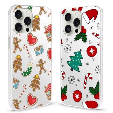 Imagem de RUMDEY Pacote com 2 capas de celular transparentes de Natal para iPhone 16 Pro Max de 6,9 polegadas, lindos biscoitos de Natal, padrão de bengalas de doces, resistente a amarelo, protetora, macia, à