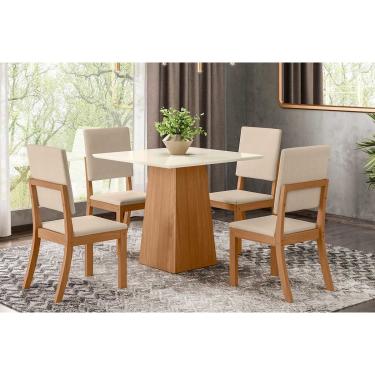 Imagem de Sala de Jantar Completa Dora Tampo Madeirado 90cm e 4 Cadeiras Milla Nature/Linho - Henn