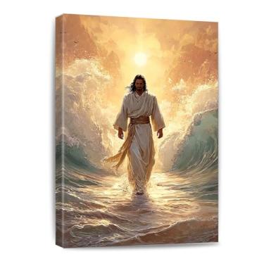 Imagem de Arte de parede Jesus andando sobre a água decoração de parede cristã pintura de história bíblica moderna impressão de pôster religioso arte para sala de estar quarto igreja decoração de sala de oração