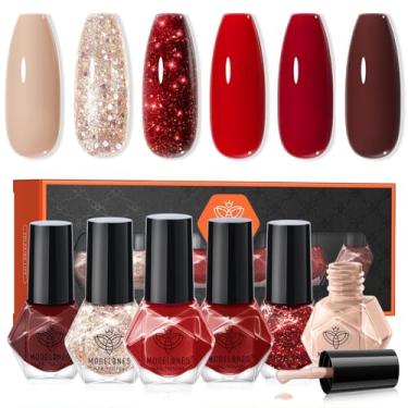Imagem de modelones Conjunto de 6 cores de esmaltes vermelhos, kit de manicure brilhante dourado nude com glitter borgonha de secagem rápida, faça você mesmo, salão de arte de unhas, presentes de Natal para