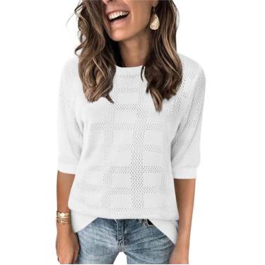 Imagem de Blusa túnica feminina Zeagoo, manga curta, crochê, tricotada, branca