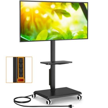 Imagem de 5Rcom Suporte de TV giratório com tomada elétrica para TVs de 32 a 60 polegadas, suporte de TV móvel giratório e ajustável em altura com prateleira, carrinho de TV forte com rodas de até 40 kg para