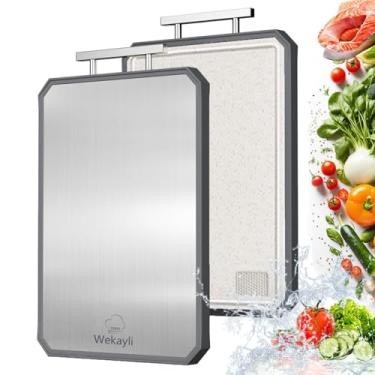 Imagem de Tábua de corte de aço inoxidável, tábua de corte de aço dupla face para cozinha, aço inoxidável 304 e palha de trigo pp grande tábua de corte para carne, lavável na lava-louças, tábua de cortar não