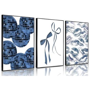 Imagem de 3 peças de arte de parede azul marinho moderno arco bola discoteca beijo lábios pôsteres impressões fotos de coquete estética decoração de quarto para quarto feminino decoração de apartamento sem