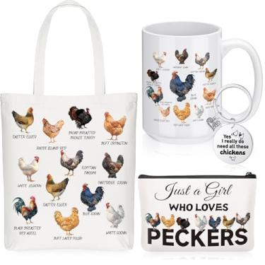 Imagem de Dansydaisy 4 peças de presentes de galinha de Natal para amantes de frango, incluindo caneca de café de cerâmica de 425 g, chaveiro de aço inoxidável, sacola e bolsa cosmética para mulheres, presentes