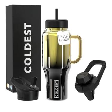 Imagem de Copo Coldest com alça e canudo - Copo 100% à prova de derramamento com canudo (3 tampas) - Copos isolados de aço inoxidável à prova de vazamento para mulheres e homens - Adequado para porta-copos
