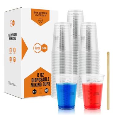 Imagem de Copos medidores de plástico 227 g, pacote com 200 copos de mistura descartáveis com 200 bastões de mistura, copos de medição graduados de tinta para resina epóxi, mistura de tinta, arte DIY