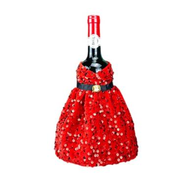 Imagem de Capa de garrafa de vinho de Natal, vestido de lantejoulas com glitter, capa de garrafa de vinho para decoração de mesa de Natal, Ano Novo, acessórios (vermelho)